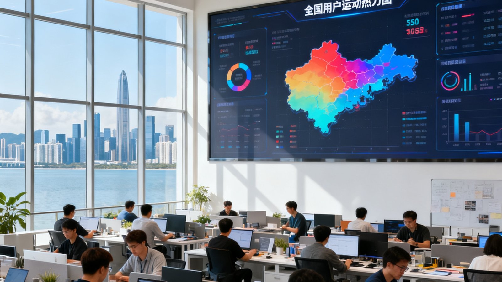ballbet贝博深圳总部开放式办公区域的广角照片，数十位工程师和设计师在明亮通透的空间中协作，墙面悬挂着巨大的实时数据看板显示全国用户运动热力图，窗外可见深圳湾天际线