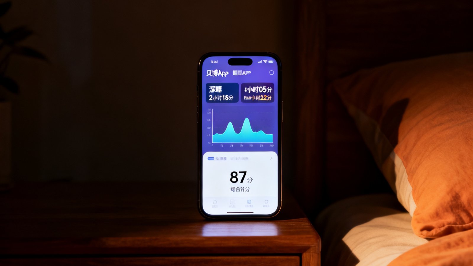 昏暗温暖的卧室里，床头柜上的手机显示贝博App睡眠监测结果界面，图表清晰区分深睡2小时18分、浅睡4小时05分、REM睡眠1小时22分，综合评分87分