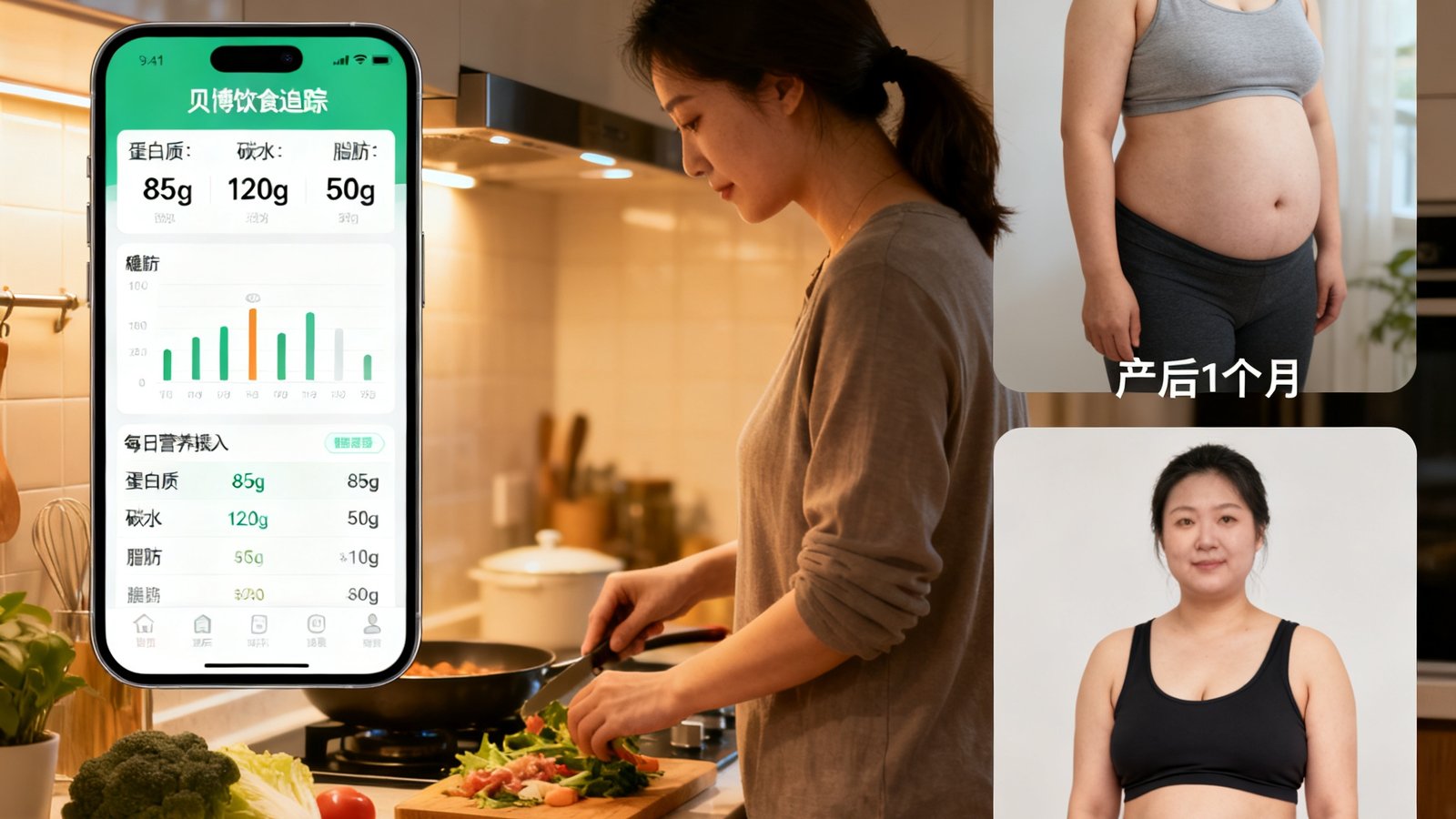 一位产后8个月的妈妈在厨房准备健康餐食的侧影，左侧配图为她使用贝博饮食追踪功能记录的每日营养摄入截图，右侧展示产后体型恢复的阶段性成果
