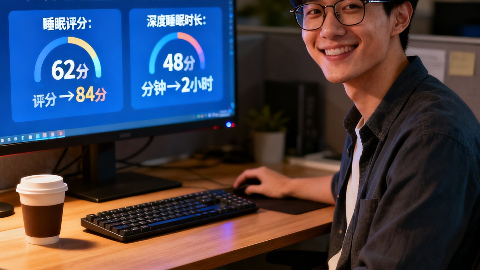 一位戴眼镜的年轻程序员坐在办公桌前微笑，屏幕上展示他使用贝博睡眠监测3个月的数据对比：睡眠评分从62分提升到84分，深度睡眠时长从48分钟增加到2小时