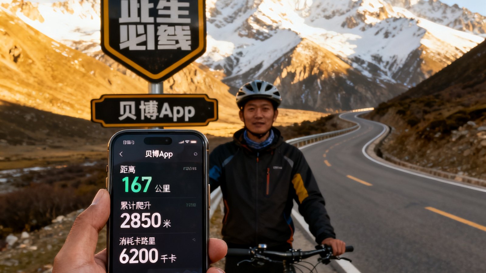 一位骑行爱好者站在川藏线标志性路牌旁，手机屏幕显示贝博App记录的当日骑行数据：距离167公里、累计爬升2850米、消耗卡路里6200千卡，背景为高原雪山与蜿蜒公路