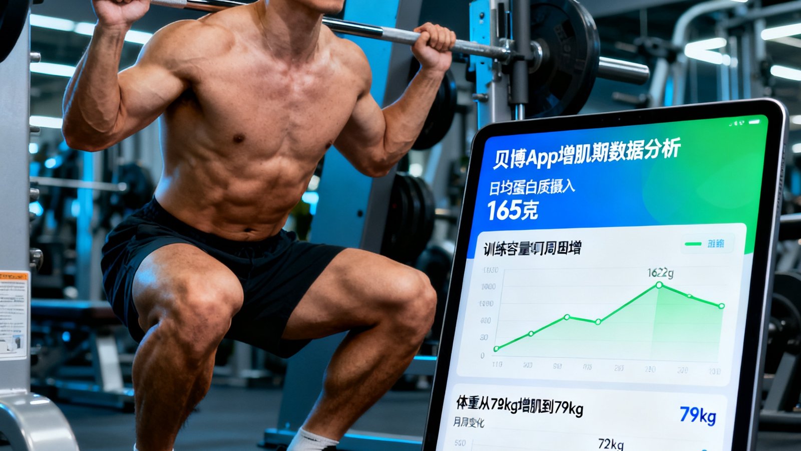 一位肌肉线条分明的健身爱好者在健身房做深蹲训练，旁边平板展示贝博App的增肌期数据分析：日均蛋白质摄入165克、训练容量逐周递增曲线、体重从72kg增肌到79kg的月度变化